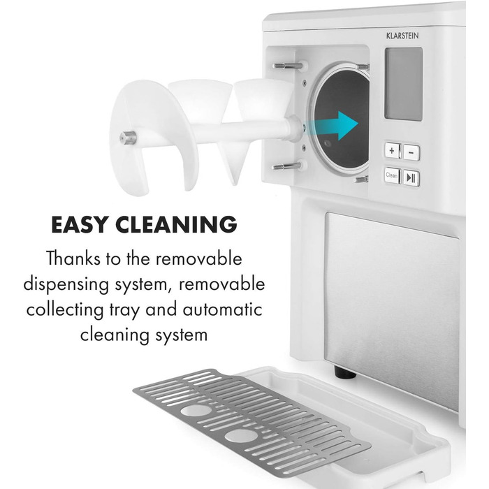 Машина для приготування морозива Klarstein Sweet Sundae, 1.5 л, компресор, 200 Вт, система видачі, авто-охолодження 3 год, авто-очищення, нержавіюча сталь, білий