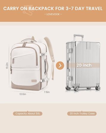 Рюкзак для ручної поклажі LOVEVOOK 40L, рюкзак для подорожей для жінок, з відділенням для мокрого та сухого, 45x36x20 см, для ноутбука, ручної поклажі, 18 дюймів (Бежевий хакі)