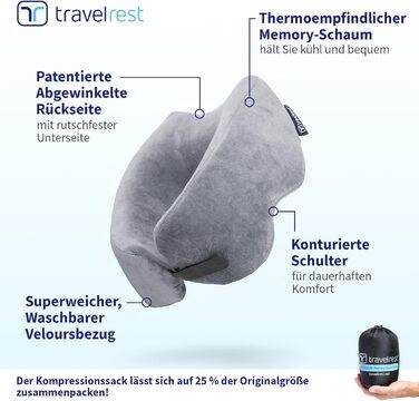 Подушка для шиї Travelrest Nest з Memory Foam - підтримка шиї для подорожей, літаків, довгих поїздок. Ідеально для дорослих, комфорт, знімний чохол - сіра