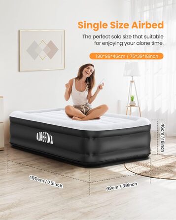 Надувний матрац Ariefina, самонадувне надувне ліжко з вбудованим насосом, надувний матрац для дому з швидким надуванням, міцне надувне ліжко за технологією Type-0 для гостей і кемпінгу -190x137x46см (односпальне ліжко)