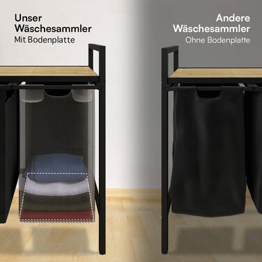 STEELSØN Сортувальник для білизни Rigil з 2 відділеннями та бамбуковою полицею – кошик для білизни на 2 контейнери по 45 л, чорного кольору – металевий сортувальник білизни з висувними мішками – контейнер для брудної білизни з 2 відділеннями та полицею