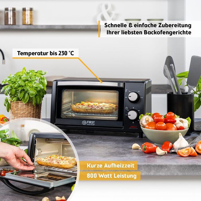 Міні-піч TZS First Austria 10L з регулюванням температури до 230°C, таймером 60 хв, 2 рівнями та грилем - для кухні та кемпінгу