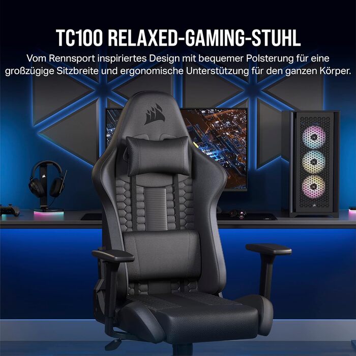 Ігрове крісло Corsair TC100 Relaxed, екошкіра, чорне, ергономічне, з подушками для попереку та шиї, регульовані підлокітники, дизайн у стилі автоспорту