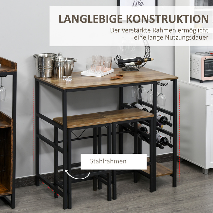 Набір кухонних барних стільців HOMCOM Bartisch Set з 2 барними стільцями, 3-частинний набір стільців для кухонного острова, компактний дизайн, сталь, 108x60x95 см, у кольорах натурального дерева та чорному.