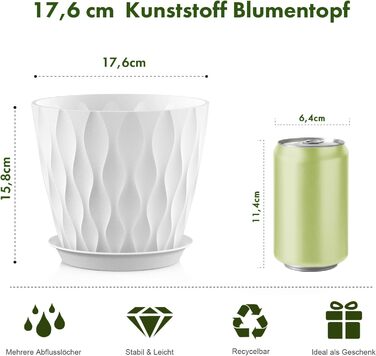 Набір горщиків для квітів 20 см, 5 шт. з підставкою та дренажними отворами, пластик, білий. Підходить для монстери, герані та інших кімнатних/садових рослин.