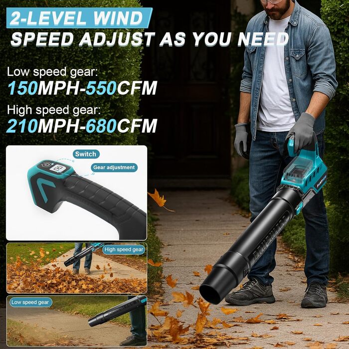 Акумуляторний повітродув безщітковий сумісний з Makita 18V (без акумуляторів), для прибирання та догляду за газоном, швидкість повітря 80 м/с