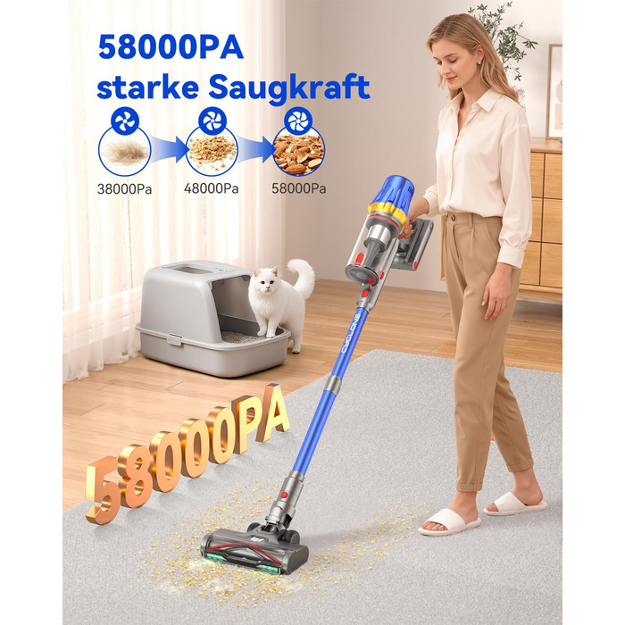 Акумуляторний пилосос H9 58000 Па, 650 Вт, 80 хв, бездротовий з LED-дисплеєм, для шерсті тварин, килимів та підлоги, синій