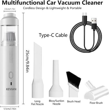 Ручний пилосос KEVIAN Акумуляторний, Ручний пилосос 12000 Па Акумуляторний з швидкою зарядкою USB-C, Автомобільний пилосос 2 в 1, Потужний багатофункціональний насос повітродувки, Міні-пилосос для автомобіля Outdoor Білий