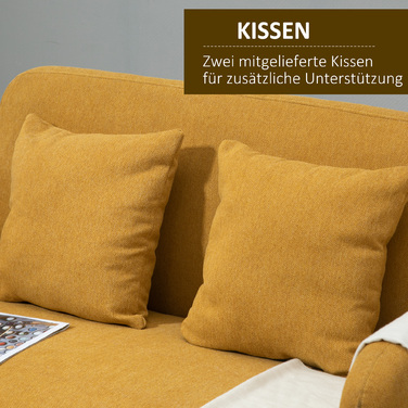 HOMCOM Подвійне диван-крісло Loveseat з подушками, регульовані підніжки, оксамитоподібний поліестер, піна, компактний дизайн, 2-місний, Натуральний+Жовтий| Aosom