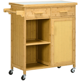 HOMCOM Bamboo Kitchen Cart, Utility Cart, Serving Cart with 2 Drawers, 1 Cabinet, and 2 Shelves, Natural Finish