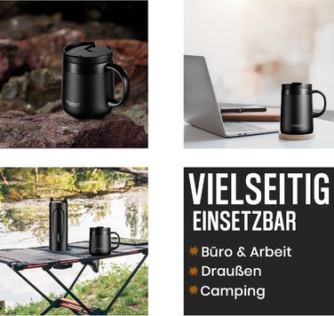 Термокружка з ручкою, подвійні стінки, вакуумна ізоляція, нержавіюча сталь 18/8, з 2 кришками, протиковзке дно, 440 мл, для офісу та робочого місця