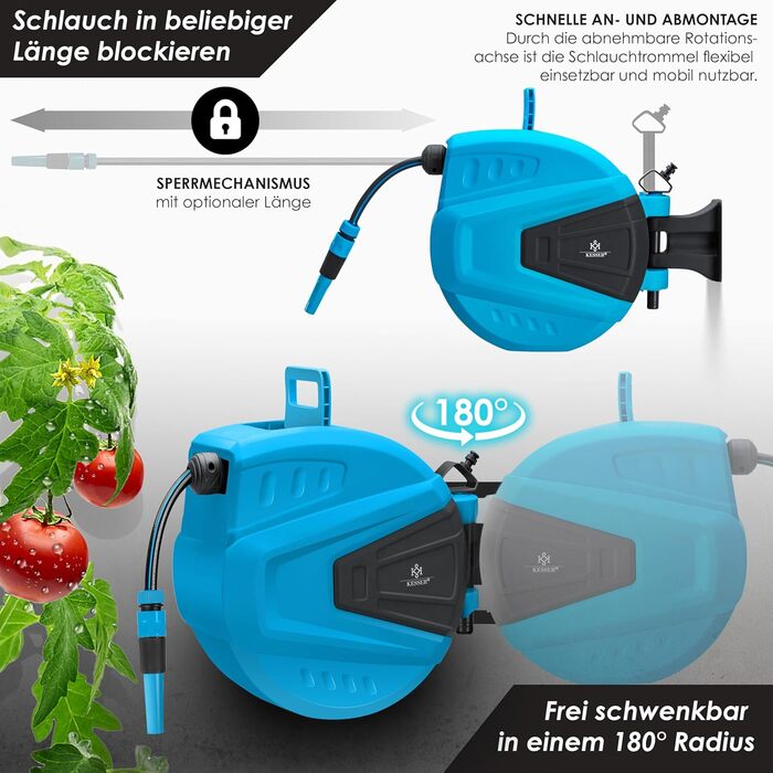 KESSER® Автоматична кавова машина для шлангів 30м з підключенням до стіни, автозмотування, поворот 180°, насадка-пістолет з 9 режимами, 2 насадки (Синій)