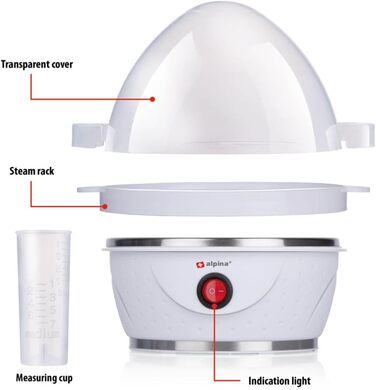 Електрична яйцеварка Alpina Яйцеварка на 7 яєць з мірним стаканчиком, підставкою для яєць і наклейкою для яєць 230 В 320380 Вт Попереджувальний сигнал Нековзний Яйця м'якого/середньої твердості або зварені круто