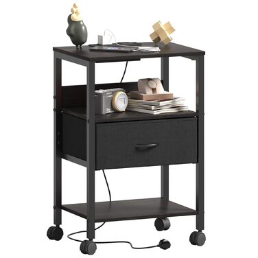 Нічний столик з бездротовою зарядкою, 2 розетки AC та 2 USB, з шухлядою, на колесах, чорний, білий