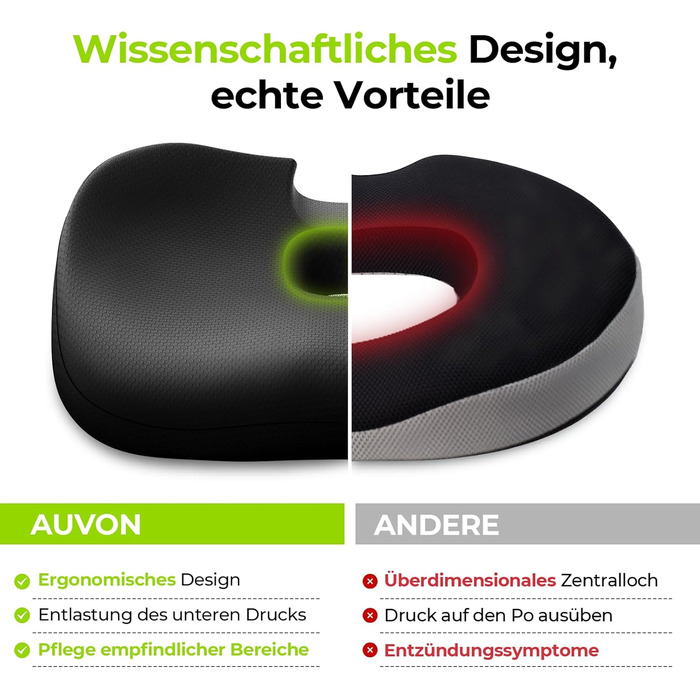 Ортопедична подушка для сидіння AUVON: комфорт при геморої, простатиті, болях у попереку та під час вагітності. Підходить для офісного крісла, авто та інвалідного візка. Чорний колір.