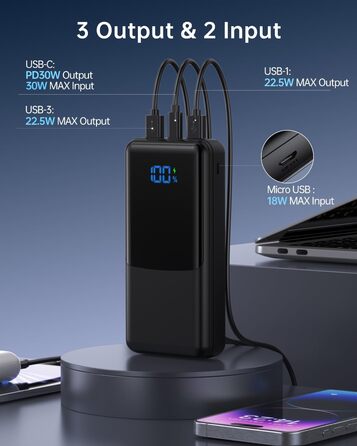 Повербанк Coblob 27000 мАг, швидка зарядка USB C 30 Вт, LED-дисплей, 3 виходи, 2 входи, чорний