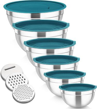 Набір салатниць TEAMFAR 6 шт. з нержавіючої сталі з кришками та силіконовим дном, 0,7L / 1,5L / 1,6L / 2,5L / 2,8L / 4,6L (блакитний)