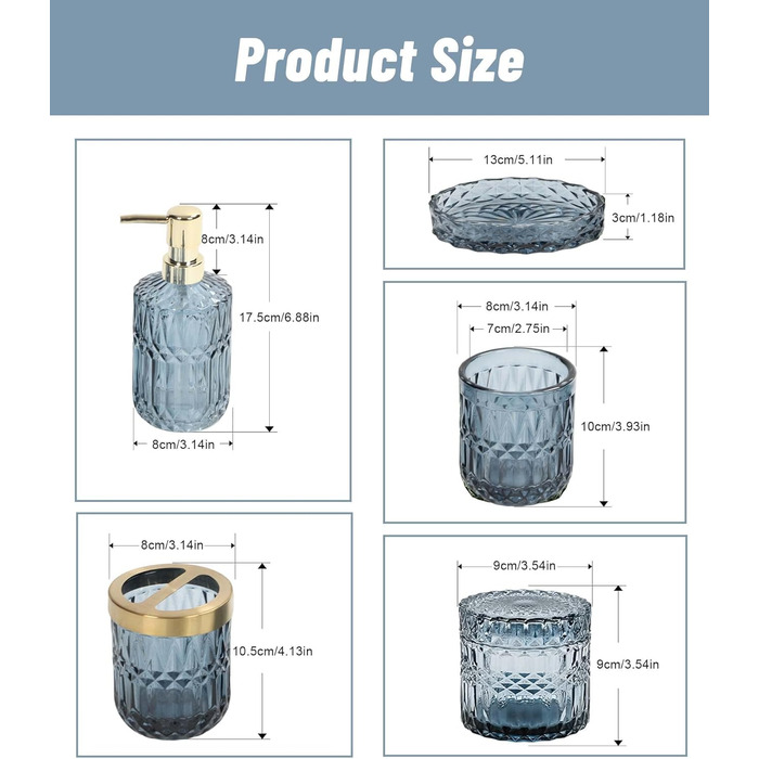 Набір аксесуарів для ванної кімнати з прозорого скла, сучасний, в т.ч. тримач для зубних щіток і мильниці, синій, 5 шт.