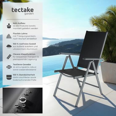 tectake® Алюмінієвий садовий стілець 2 шт, складаний, з високою спинкою, 7 положень нахилу, антрацит, комплект для саду, балкона, тераси