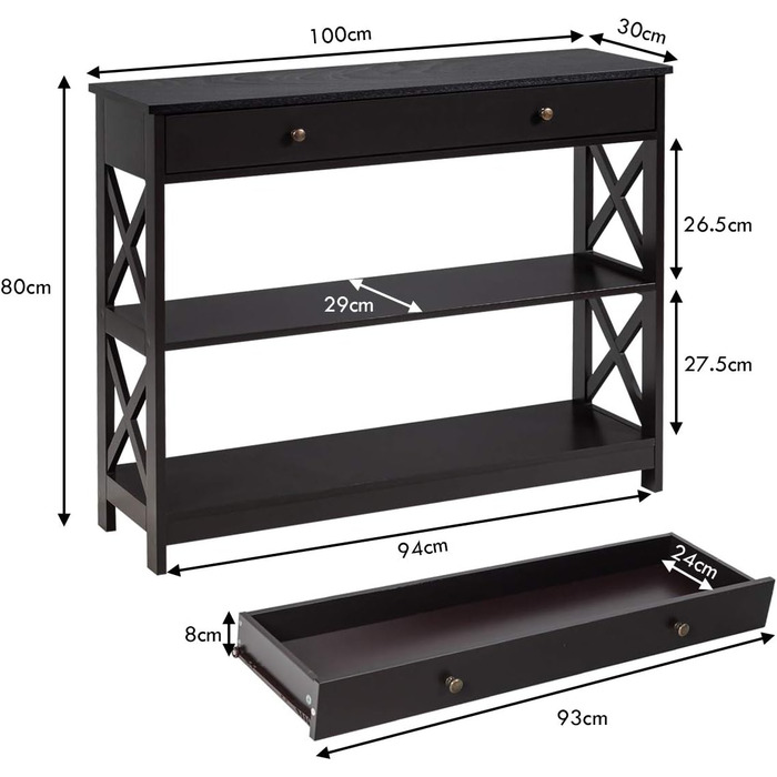 Вузький консольний столик з ящиком і 2 полицями, 100x30x80 см, коричневий