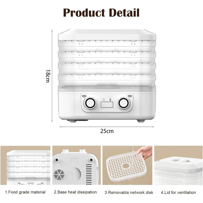 Дегідратор MeYuxg, без бісфенолу А, 5 рівнів, таймер на 48 годин, регулятор температури (35-70 C), для фруктів, м'яса, овочів
