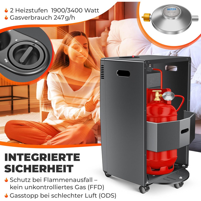 Газовий обігрівач KESSER®: газовий камін-обігрівач з інфрачервоним випромінюванням, 3.4 кВт, 2 режими, з регулятором тиску та шлангом, сумісний з бутаном/пропаном (до 11 кг), антрацит