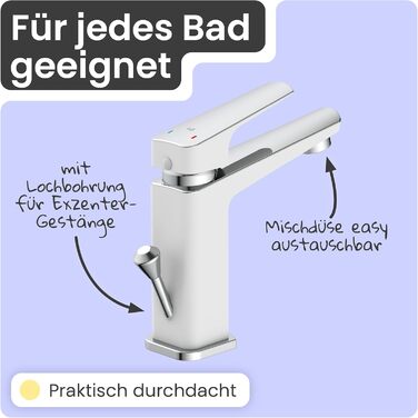 Змішувач для умивальника Instmaier Amelie | Змішувач для ванної кімнати | Однорідний змішувач з латуні (білий / хром)