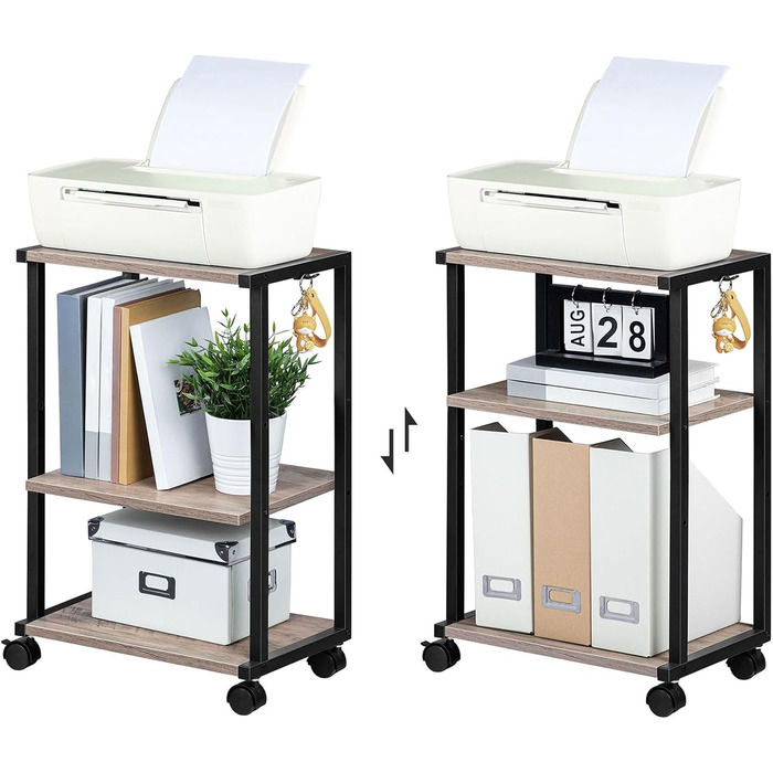 HOOBRO Стіл для принтера з 3 ящиками, регульована висота, на колесах, 42 x 28 x 64 см, для офісу, сканера, копіювального апарату, принтера