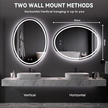 Дзеркало для ванної кімнати Dripex з підсвічуванням LED, сенсорне керування, регулювання яскравості, 3 кольори світла, антизапар, овальне, 50 x 70 см