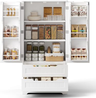 Високий шкаф Bealife для кухні, буфе́т з 2 шухлядами та 2 дверцятами, білий. Підходить для кухні, їдальні та вітальні.