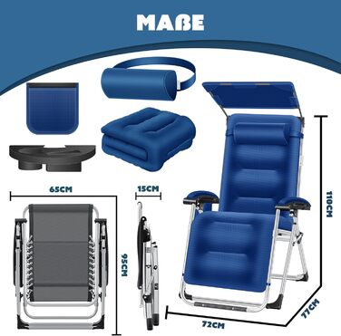 Шезлонг KESSER® для саду, широка та стійка до погодних умов, витримує до 200 кг, ергономічна спинка, регульована, з подушкою, підголівником, тримачем для напоїв, підлокітниками та бічною кишенею, блакитний