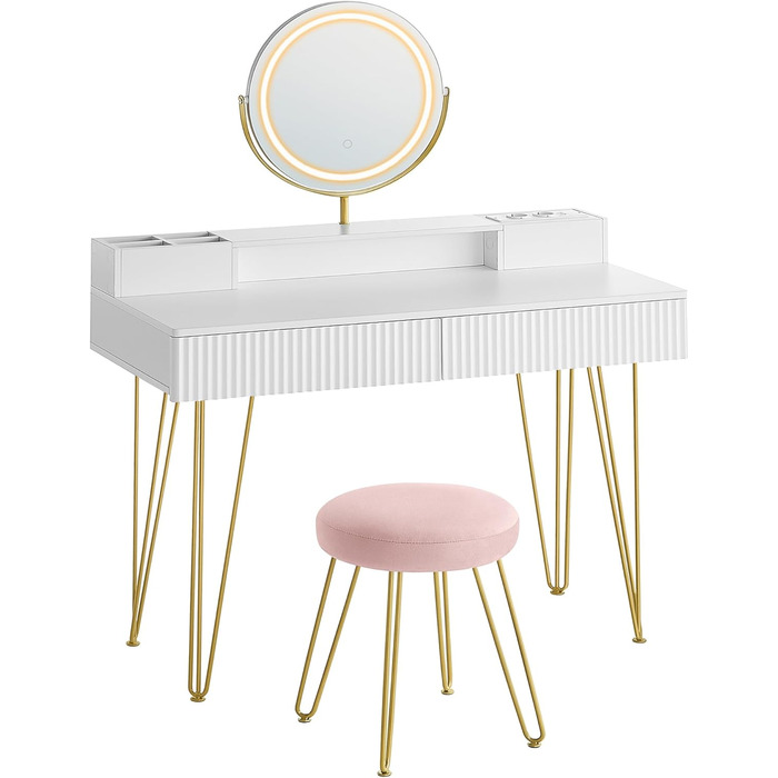 VASAGLE Тоалетний столик з пуфом та підсвічуванням, розеткою, дзеркалом, 40 x 80 x 134,8 см, з шухлядами, м'який пуф, матовий білий, RVT019W01