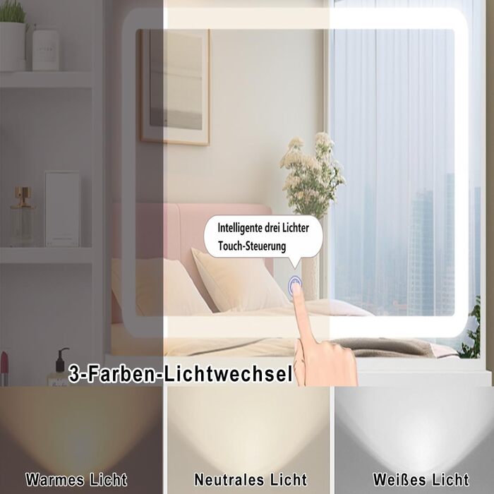 Дзеркальний туалетний столик з LED-підсвічуванням та пуфом, 6 шухляд, 3 відкриті полиці, для спальні, білий, з дерева