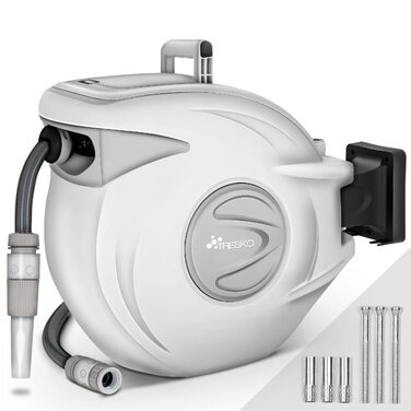 Трьохкамерний шланг TRESKO® з роликом для шланга, 30+2 м, з ручною лійкою, поворотний на 180°, для саду, автоматичний, з кріпленням для стіни та монтажним матеріалом