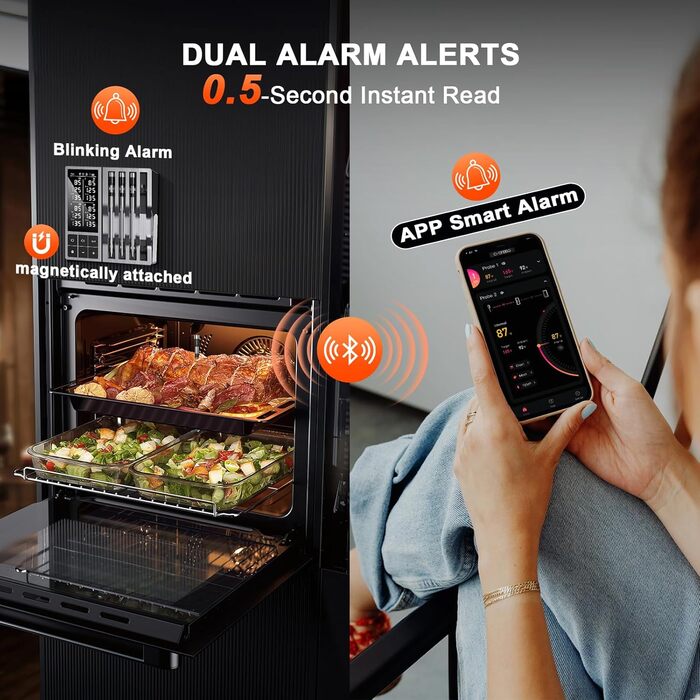 Цифровий термометр для м'яса – миттєвий термометр для гриля та продуктів харчування, бездротовий, ультратонкий зонд з двома датчиками 0,19 дюйма, Bluetooth 5.2, радіус дії 243,8 м, сповіщення через додаток, водонепроникний IP67 (набір з 4 зонди)