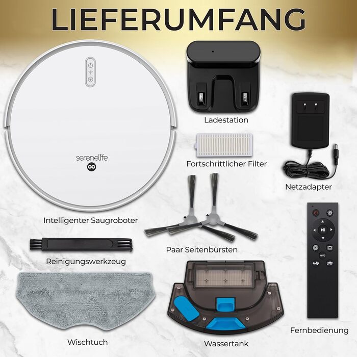 Робот-пилосос SereneLife з функцією миття підлоги, 3-в-1, з керуванням через додаток, для видалення шерсті тварин та прибирання килимів (1000Pa)