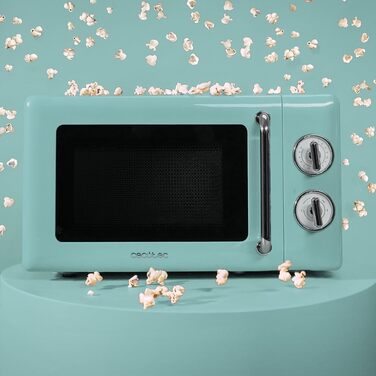 Мікрохвильова піч Cecotec Proclean 3010 Retro Blue 20 л, 700 Вт, механічна, 6 режимів, таймер 30 хв, режим розморожування, вінтажний дизайн, синя, нержавіюча сталь, підсвітка, серія Allein 30