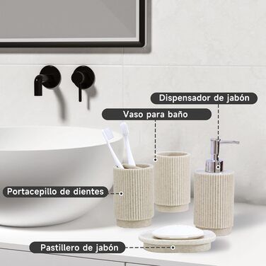 Набір для ванної кімнати 6-частинний: дозатор для мила, стакан для зубної пасти з підносом та коробочка для ватних паличок – смугастий дизайн, високоякісна смола. В комплекті: бежевий 4-частинний набір