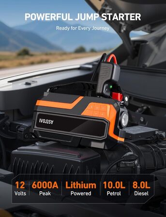 AstroAI MF16 Powerbank для запуску авто з компресором 150 PSI, 6000A, для 12V авто, мотоциклів, SUV, з LED-дисплеєм, помаранчевий
