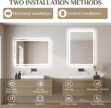 Дзеркало для ванної кімнати Clevich з підсвічуванням 80x60 см, LED, 3 кольори світла, регулювання яскравості, захист від вибуху, сенсорне управління, функція пам'яті, антизапар, 80L x 60B см