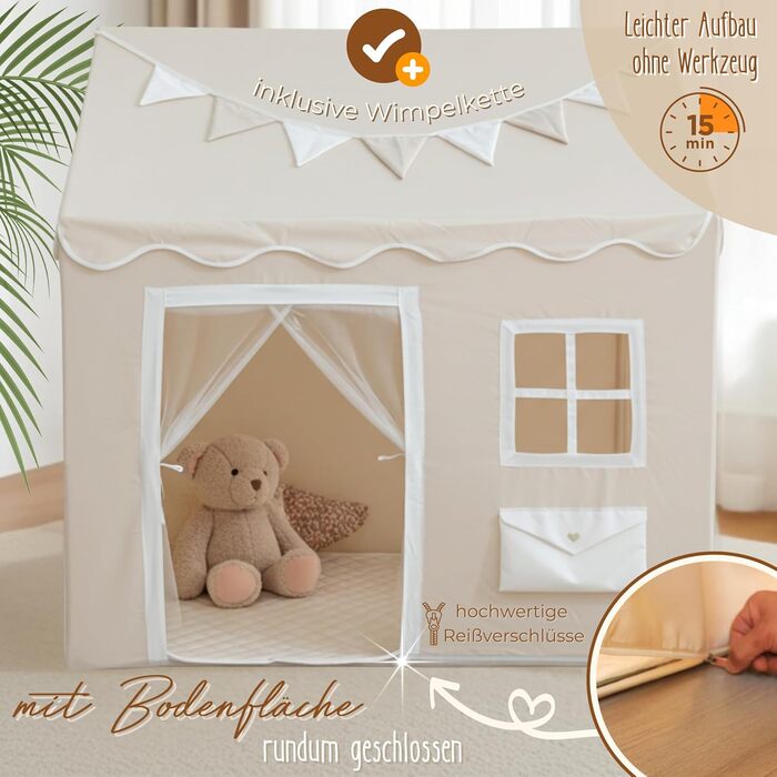 Дитячий будиночок LIONHERZ® DAS ORIGINAL з поштовою скринькою | Ігровий намет з килимком та гірляндою | Будиночок для дітей з 3 вікнами та щільним завісою | Намет для дитячої кімнати (кремово-білий)