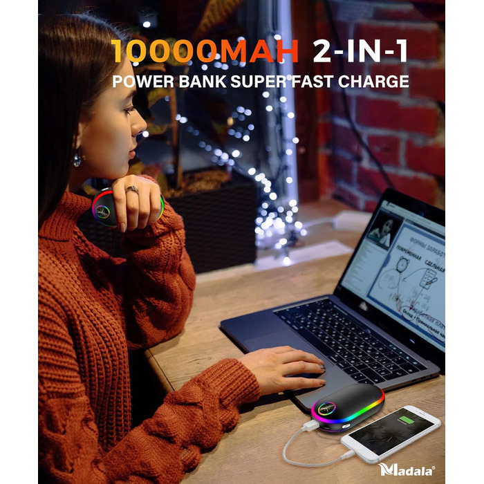 Електричний підігрівач для рук 10000mAh з підсвічуванням (7 кольорів), перезаряджуваний, портативний, чорний - ідеальний зимовий подарунок для чоловіків та жінок