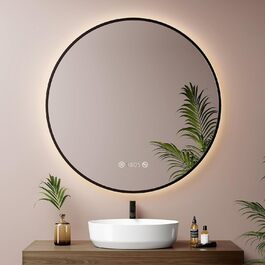 LED дзеркало для ванної кімнати EMKE, діаметр 80 см, з підсвічуванням, сенсорне керування, проти запотівання, годинник, температура, регулювання яскравості, пам'ять, нейтральне світло, чорний каркас