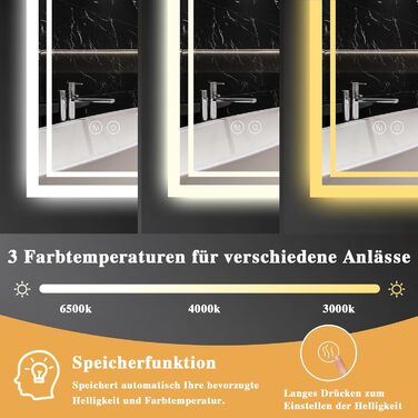 LED дзеркало для ванної кімнати з підсвічуванням 40 x 60 см – Antifog, 3 кольори, регулювання яскравості, подвійний сенсорний вимикач, пам'ять при відключенні електроенергії, монтаж на гачки, квадратна форма