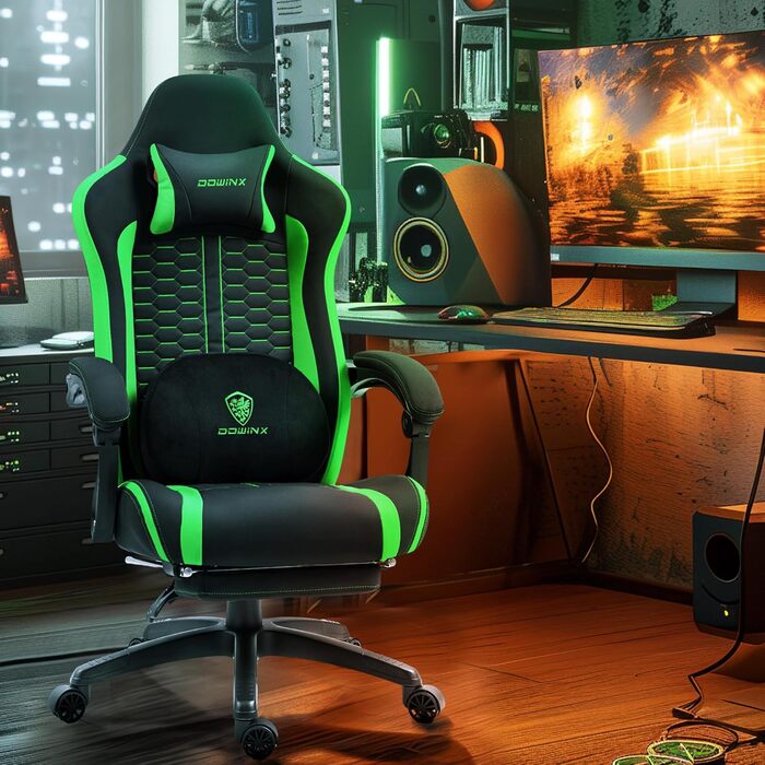 Ігровий крісло Dowinx з підігрівом, масажем, підтримкою попереку, кишеньковим пружинним сидінням та підставкою для ніг. Зелений колір.