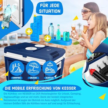 Термохолодильник KESSER® 40L на колесах | Холодильник-термос 12/230V | Охолоджує та нагріває | Для авто, човна та кемпінгу | З акумуляторами холоду та тримачами для напоїв (Темно-синій)