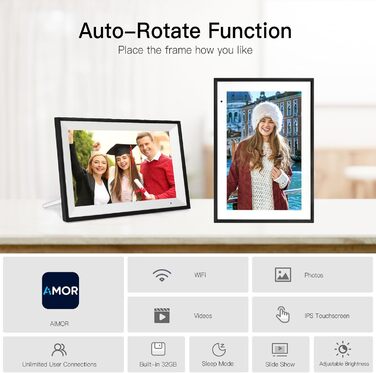 Цифровий фоторамка 10.1 дюйма, WiFi, 32GB, IPS сенсорний екран, HD 1280x800, автоматичне обертання, підтримка фото та відео, чорний