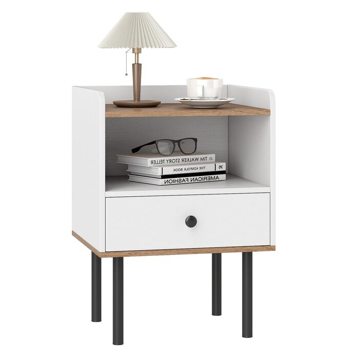 Нічний столик COSTWAY з шухлядою та відкритою полицею, металеві ніжки, 40.5 x 35 x 56 см, білий
