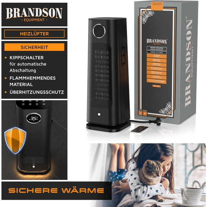 Обігрівач Brandson з пультом керування, 2000 Вт, ECO режим, осциляція, захист від дітей, таймер, LED-підсвічування, для ванної, вітальні, офісу, дитячої кімнати