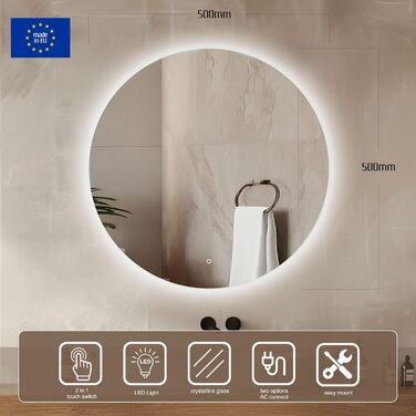 Дзеркало для ванної кімнати Venti 60 см з підсвічуванням, LED, кругле, з тач-перемикачем (50x50 см)